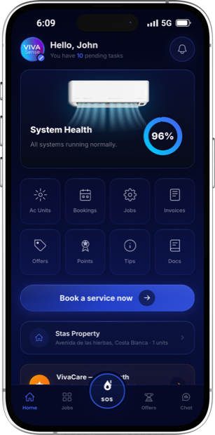 The Viva Sense app showing a property's system health and controls